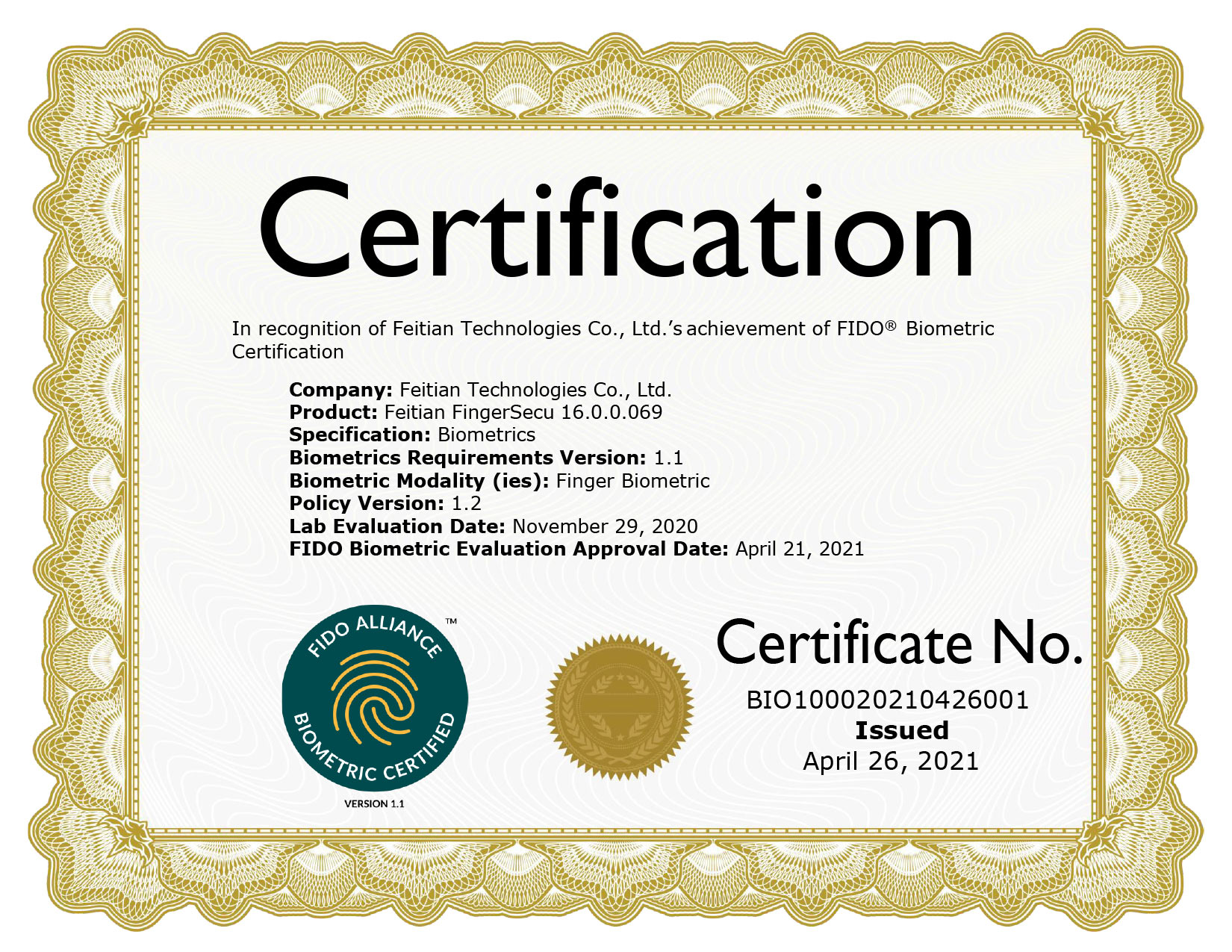 FIDO Biometric Component Certification