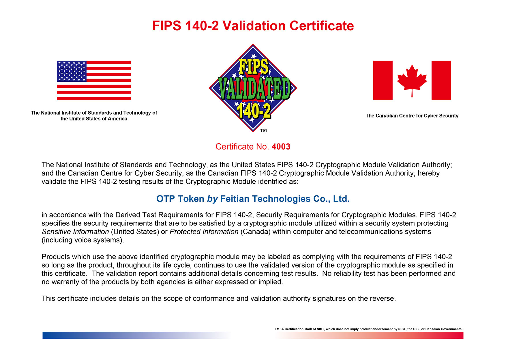 FEITIAN OTP Token FIPS 140-2 Level 2 Certification