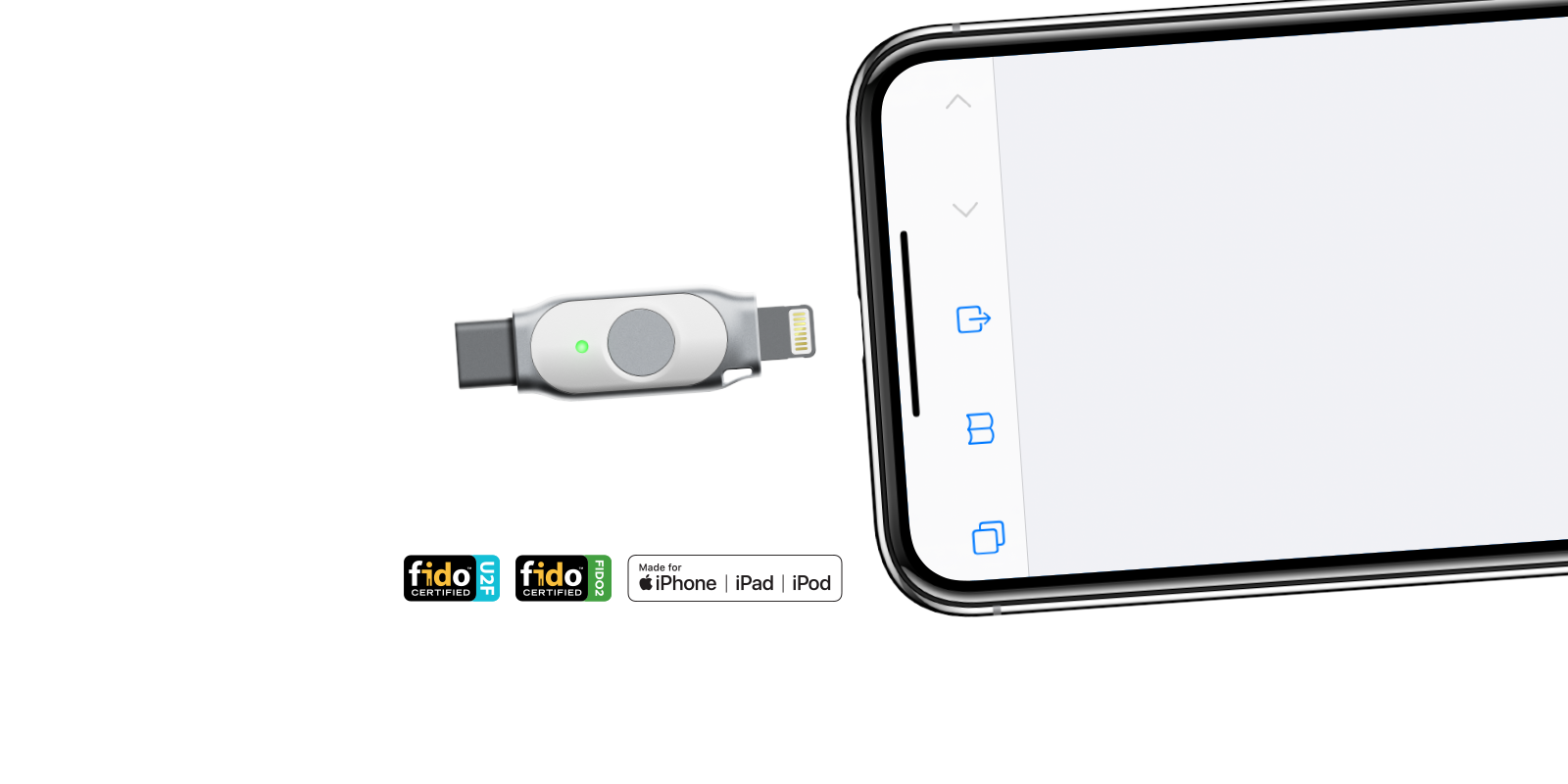 iePass FIDO Security Key, with built-in Apple Lightning &  USB-C dual interface, Apple device companion