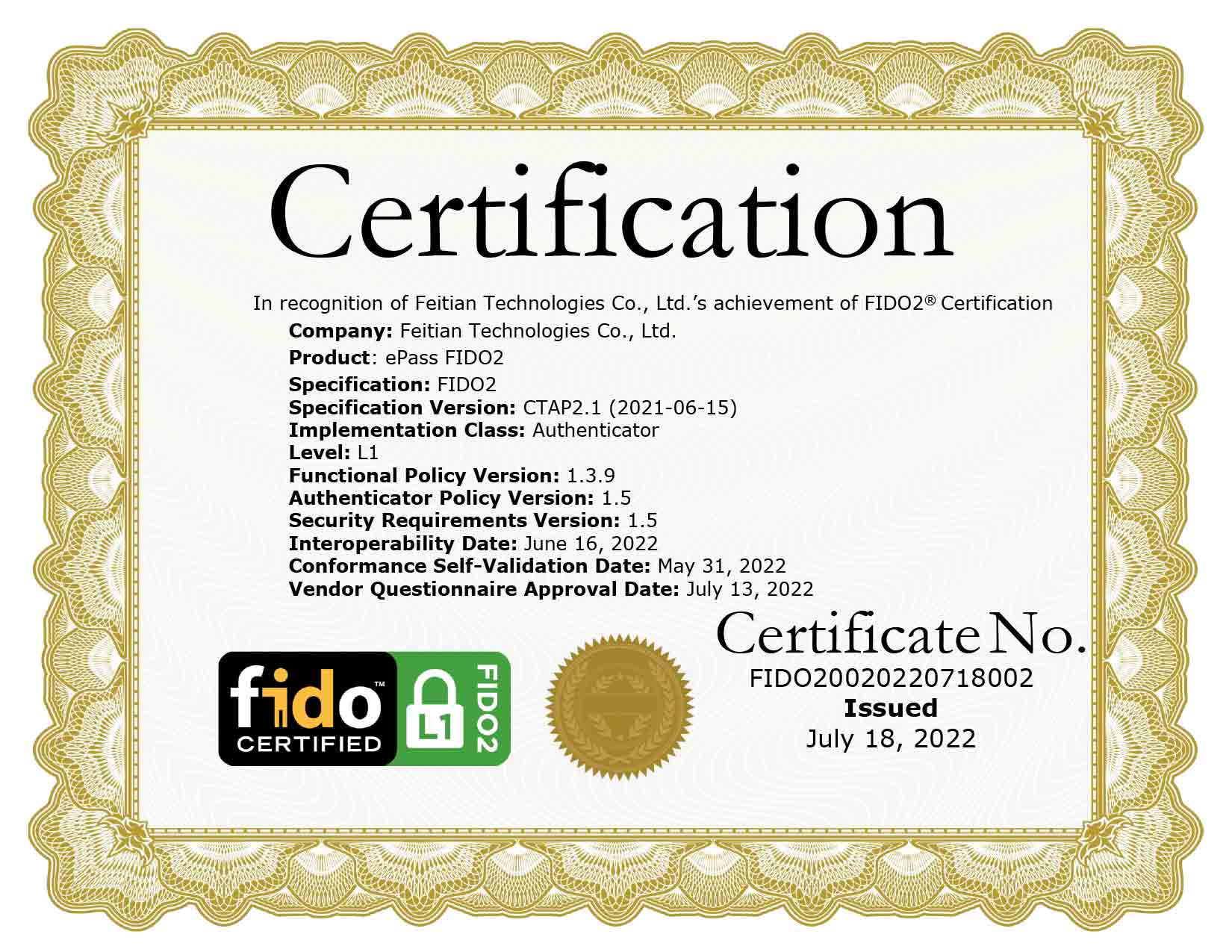 FEITIAN ePass FIDO2 CTAP2.1 Certificationn